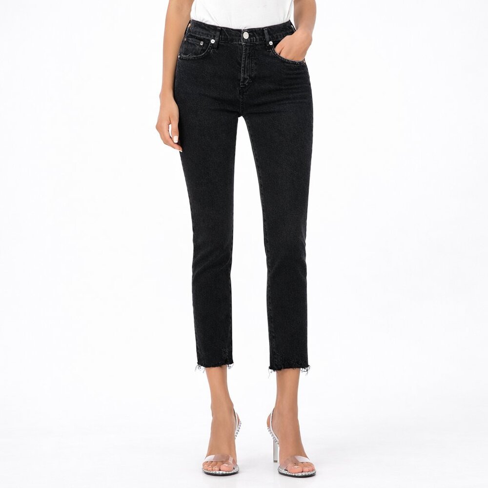 Agolde Toni Mid Rise Cropped Straight Jeans‎ Feral Washed Black Denim Raw Hem 26
